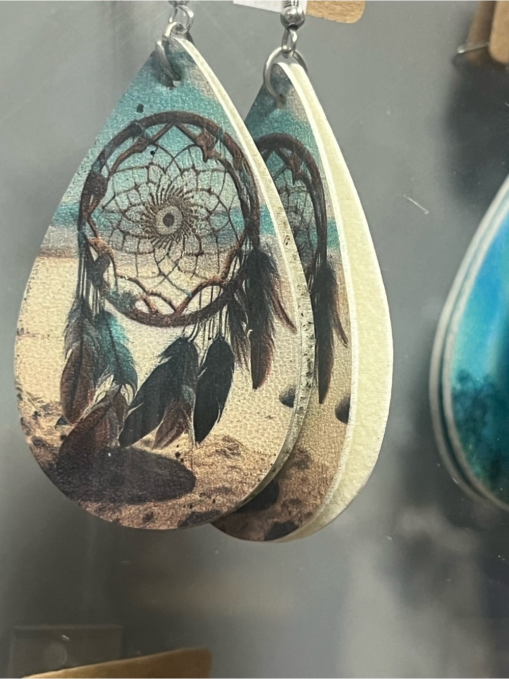 Dreamcatcher Teardrop Wood Earrings - Teal and Brown